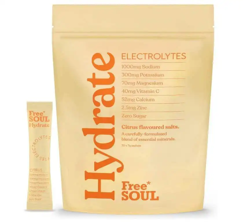Electrolyte salts powder with citrus flavour for hydration and essential mineral replenishment.