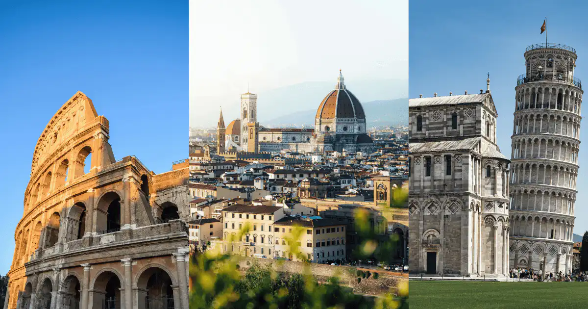 Iconic landmarks of Rome including the Colosseum, Florence Cathedral, and Leaning Tower of Pisa.