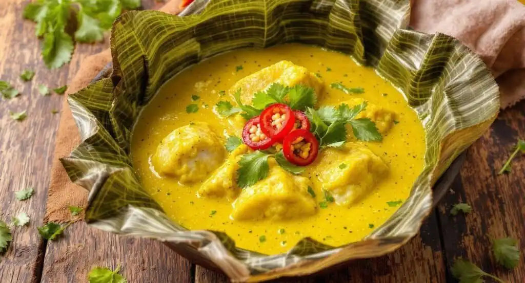 Traditional Cambodian chicken curry in a yellow sauce with herbs and chili slices.