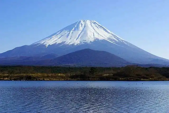Snow-capped Mount Fuji overlooking Hakone's hot springs and lake scenery.