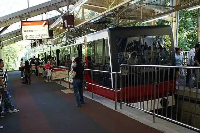 Hakone ropeway station with visitors and Mount Fuji in the background.