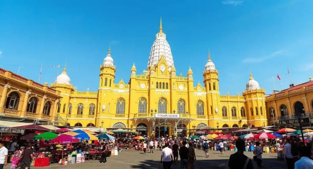 Phnom Penh Central Market with yellow architecture and bustling market scene.
