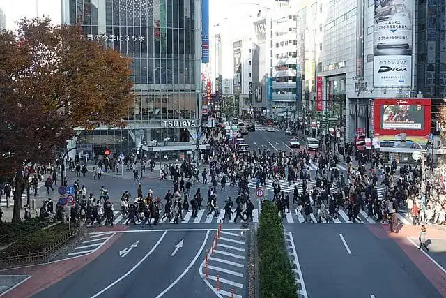Tokyo busy city street crossing at Shibuya, Japan.