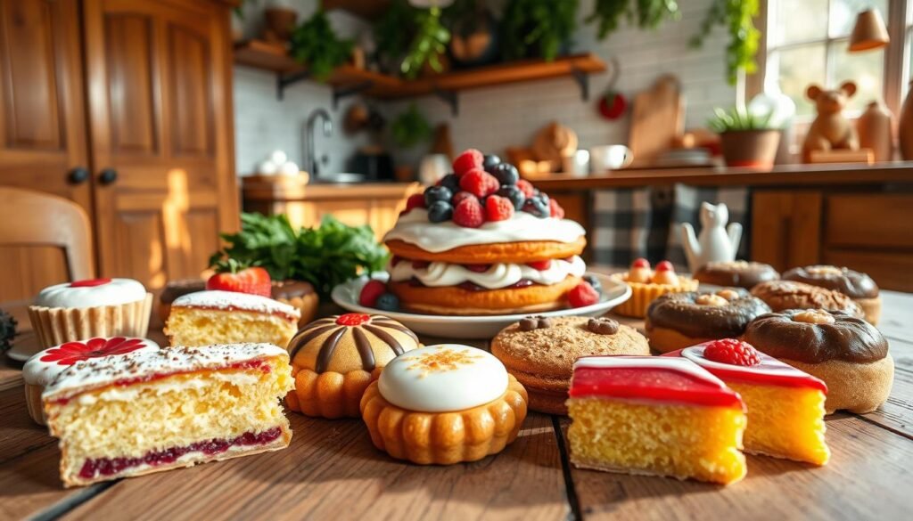 A beautifully arranged selection of traditional Norwegian sweet treats laid out on a rustic wooden table. In the foreground, vibrant, colorful krumkake and småkaker are artistically presented, showcasing their intricate designs and textures. The middle ground features a classic Norwegian cake, perhaps a layered bløtkake topped with fresh berries and cream, surrounded by delectable marzipan figures. In the background, a softly lit Scandinavian kitchen with wooden cabinetry and herbs hanging from the ceiling adds warmth and authenticity. Soft, natural lighting casts gentle shadows, evoking a cozy, inviting atmosphere. The camera angle is slightly above the table, creating an inviting perspective that encourages exploration of these delightful Nordic baking traditions.