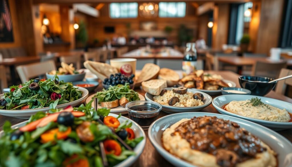 A beautifully arranged table showcasing a variety of vegetarian and vegan options typical of Tromsø, Norway. In the foreground, a close-up view of vibrant, colorful dishes including fresh herb salads, roasted root vegetables, creamy mushroom risotto, and a selection of artisanal bread accompanied by dips. The middle ground features local ingredients, such as cloudberries and lingonberries, artistically placed around the dishes. The background captures a cozy, rustic Norwegian restaurant ambiance with wooden beams and soft, warm lighting, evoking a welcoming atmosphere. Use a shallow depth of field to create a soft bokeh effect, emphasizing the food while softly blurring the background elements, giving it an inviting and homely feel.
