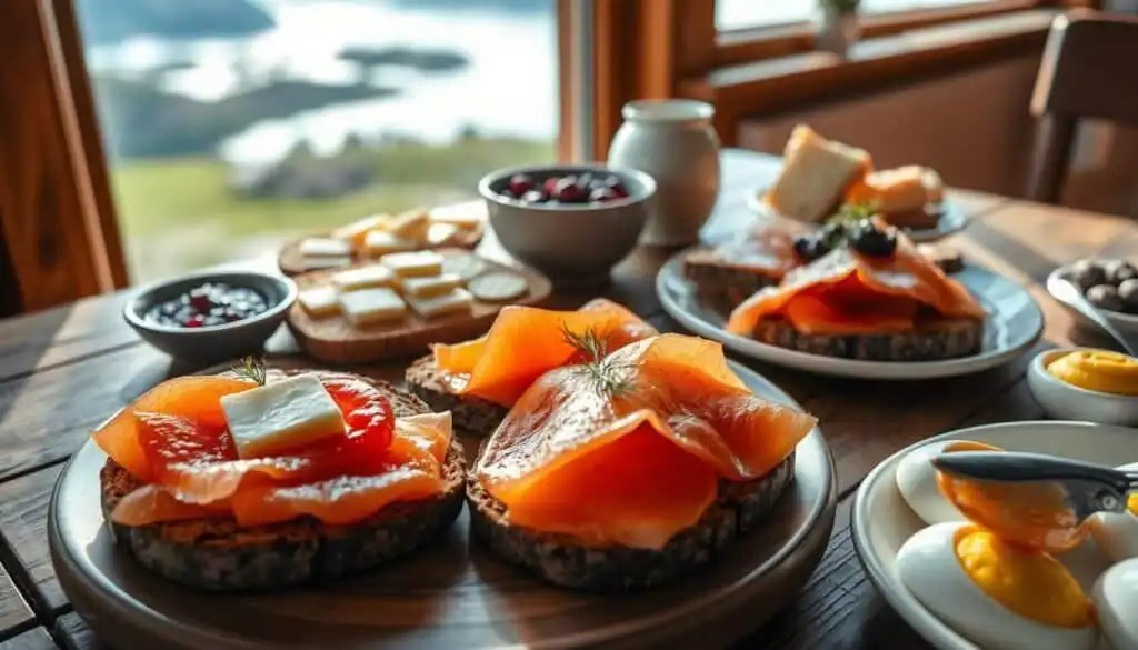 Delicious Norwegian open-faced smoked salmon sandwiches with fresh toppings in Tromsø.