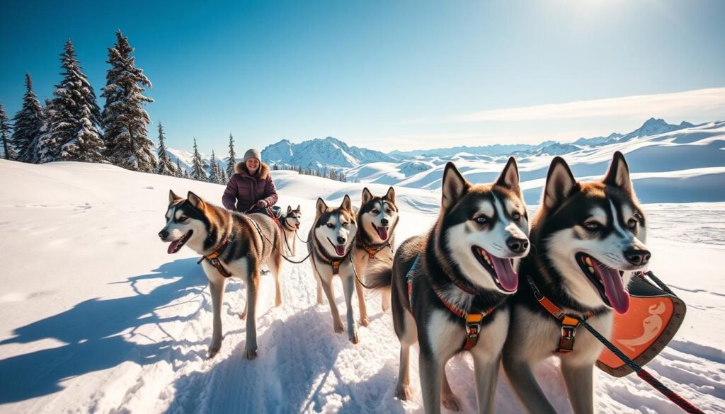 A breathtaking scene of a husky sledding adventure in a snowy landscape. In the foreground, a team of enthusiastic huskies, their thick fur glistening in the sunlight, pulls a colorful sled. The sled's driver, dressed in warm, casual winter attire, is smiling with excitement, showcasing the thrill of the adventure. In the middle ground, gently rolling hills covered in fresh, glistening snow extend toward a stunning backdrop of tall, snow-dusted pine trees and rugged mountains under a clear blue sky. The lighting is bright and cheerful, casting soft shadows on the snow. Capture the feeling of exhilaration and the beauty of nature, conveying an atmosphere of joy and outdoor adventure, ideally taken from a dynamic angle to emphasize motion and speed.