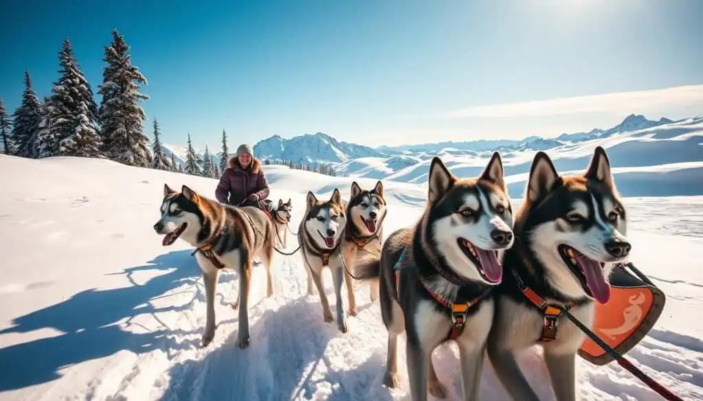 A breathtaking scene of a husky sledding adventure in a snowy landscape. In the foreground, a team of enthusiastic huskies, their thick fur glistening in the sunlight, pulls a colorful sled. The sled's driver, dressed in warm, casual winter attire, is smiling with excitement, showcasing the thrill of the adventure. In the middle ground, gently rolling hills covered in fresh, glistening snow extend toward a stunning backdrop of tall, snow-dusted pine trees and rugged mountains under a clear blue sky. The lighting is bright and cheerful, casting soft shadows on the snow. Capture the feeling of exhilaration and the beauty of nature, conveying an atmosphere of joy and outdoor adventure, ideally taken from a dynamic angle to emphasize motion and speed.