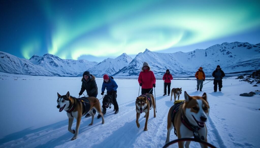 A breathtaking scene showcasing the thrilling outdoor adventure activities in Tromsø, Norway, during winter. In the foreground, a group of diverse individuals in warm, stylish outdoor clothing engage in dog sledding, joyfully navigating through a picturesque snowy landscape. In the middle ground, a team is snowshoeing along a well-trodden path, with majestic mountains rising in the background, draped in a soft blanket of snow. The background features the mesmerizing northern lights illuminating the night sky, casting a magical glow over the entire scene. The soft winter light creates a sense of wonder and excitement, capturing the essence of adventurous exploration in this Arctic paradise. The angle is slightly elevated, offering a panoramic view that emphasizes both the rugged beauty of the landscape and the exhilaration of the activities taking place.