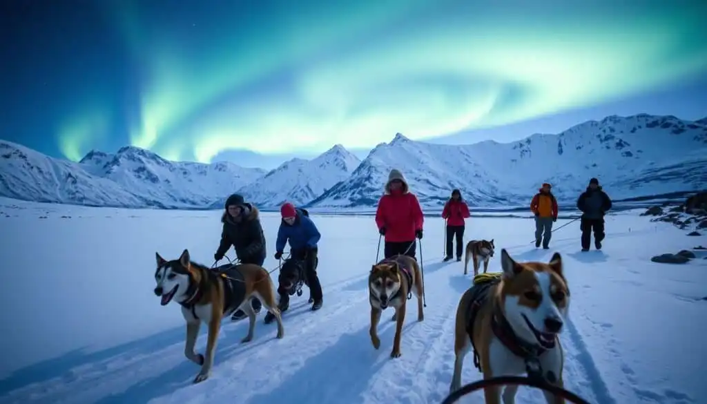A breathtaking scene showcasing the thrilling outdoor adventure activities in Tromsø, Norway, during winter. In the foreground, a group of diverse individuals in warm, stylish outdoor clothing engage in dog sledding, joyfully navigating through a picturesque snowy landscape. In the middle ground, a team is snowshoeing along a well-trodden path, with majestic mountains rising in the background, draped in a soft blanket of snow. The background features the mesmerizing northern lights illuminating the night sky, casting a magical glow over the entire scene. The soft winter light creates a sense of wonder and excitement, capturing the essence of adventurous exploration in this Arctic paradise. The angle is slightly elevated, offering a panoramic view that emphasizes both the rugged beauty of the landscape and the exhilaration of the activities taking place.