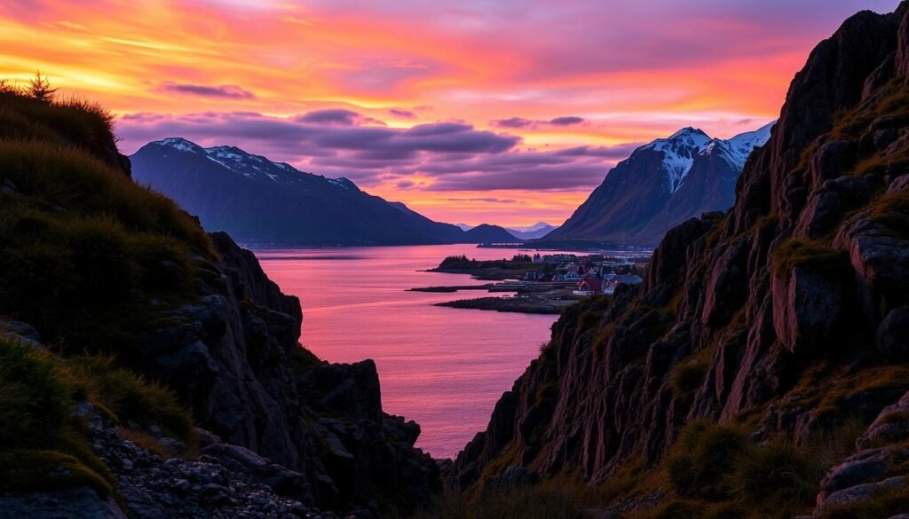 A breathtaking view of the midnight sun in Tromsø, Norway, showcasing a dramatic sky painted in hues of orange, pink, and deep purple as the sun hovers low over the horizon. In the foreground, rocky cliffs are silhouetted against the vibrant sky, partially covered with moss and lush greenery. The middle ground features tranquil waters reflecting the fiery colors of the sunset, with small, colorful wooden houses dotting the shoreline. In the background, majestic mountains rise steeply, their peaks dusted with snow under the warm glow of the setting sun. The scene evokes a sense of wonder and tranquility, inviting viewers to experience the allure of this unique natural phenomenon. The lighting is soft and diffused, with an emphasis on warm tones, creating a peaceful and reflective atmosphere.