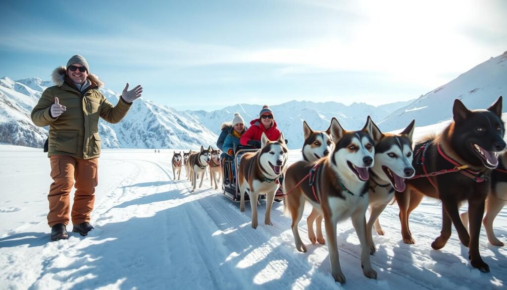 A dynamic scene of a dog sled tour in a snowy landscape, featuring a team of enthusiastic huskies pulling a colorful sled. In the foreground, capture a well-dressed tour operator, equipped with warm clothing and a cheerful smile, enthusiastically gesturing to the sled team. In the middle ground, the sled is positioned, showcasing excited tourists ready for their adventure, all dressed in cozy winter attire. The background features majestic snow-covered mountains and a clear blue sky, with soft sunlight illuminating the scene, casting gentle shadows on the snow. Use a wide-angle lens to enhance the depth and capture the expansive beauty of the wilderness. The mood is exhilarating and inviting, perfect for adventure seekers.