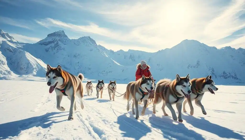 A dynamic scene of an Alaskan husky sledding expedition set in a vast, snowy landscape. In the foreground, a team of strong, enthusiastic Alaskan huskies pulls a colorful sled through sparkling white snow, their fur glistening in the crisp winter sunlight. In the middle ground, a professional musher, dressed in warm, modest winter gear, expertly navigates the sled, showcasing the thrill of the adventure. The background features towering mountains dusted with fresh snow, under a bright blue sky with wispy clouds, enhancing the sense of exploration. Soft, natural lighting casts gentle shadows, creating depth and warmth in the icy scene. The mood is exhilarating and vibrant, capturing the spirit of adventurous husky sledding.
