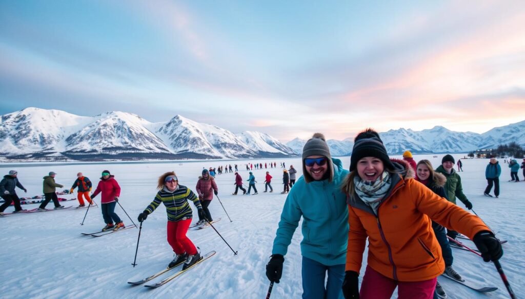 A majestic winter landscape in Tromsø, Norway, filled with vibrant energy as individuals engage in various winter sports. In the foreground, a group of people dressed in colorful, warm winter clothing are skiing down a snow-covered slope, their laughter and exhilaration palpable. In the middle ground, other thrill-seekers are snowboarding and ice skating on a frozen lake, surrounded by stunning, snow-dusted mountains. The background features the famous Arctic sky, showcasing a mix of soft twilight hues, with hints of the Northern Lights illuminating the scene. The lighting is soft and ethereal, capturing the magical atmosphere of a winter wonderland. The image is framed from a low angle to emphasize the action and beauty of Tromsø's winter sports. The overall mood is adventurous and joyful, inviting viewers to experience the thrill of outdoor fun in a breathtaking setting.