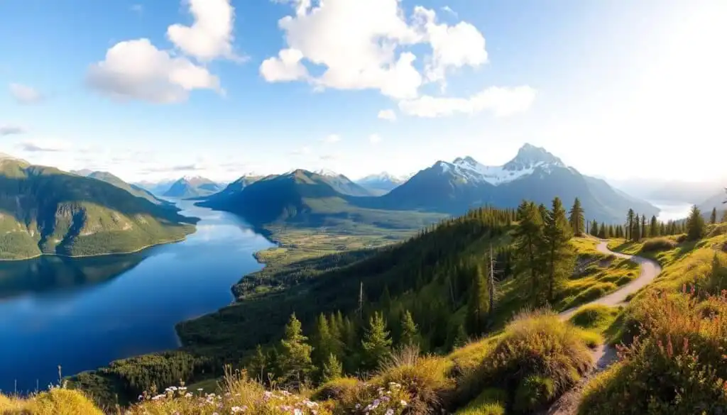 A panoramic view of Norway's majestic national parks, showcasing dramatic fjords, lush green valleys, and towering snow-capped mountains. In the foreground, a tranquil lake mirrors the stunning landscape, bordered by wildflowers and native shrubs. The middle ground features a vibrant forest of pine and birch trees, with a winding hiking trail inviting exploration. In the background, majestic peaks pierce the sky under a clear blue horizon, with soft white clouds scattered above. The scene is bathed in warm, golden sunlight, creating a serene and inviting atmosphere reminiscent of late afternoon. The image should be captured from a slightly elevated angle to emphasize the vastness of Norway's untouched nature, conveying a sense of peaceful adventure and sustainability in travel. A panoramic view of Norway's majestic national parks, showcasing dramatic fjords, lush green valleys, and towering snow-capped mountains. In the foreground, a tranquil lake mirrors the stunning landscape, bordered by wildflowers and native shrubs. The middle ground features a vibrant forest of pine and birch trees, with a winding hiking trail inviting exploration. In the background, majestic peaks pierce the sky under a clear blue horizon, with soft white clouds scattered above. The scene is bathed in warm, golden sunlight, creating a serene and inviting atmosphere reminiscent of late afternoon. The image should be captured from a slightly elevated angle to emphasize the vastness of Norway's untouched nature, conveying a sense of peaceful adventure and sustainability in travel.