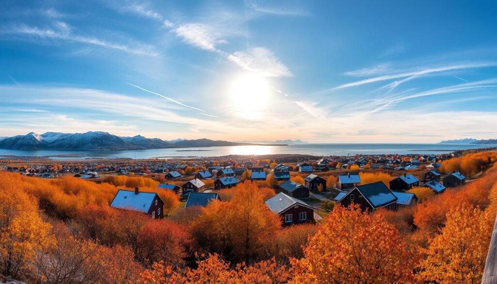 A panoramic view of Tromsø, Norway, showcasing its diverse climate throughout the year. In the foreground, vivid autumn foliage in shades of orange and gold contrasts against snow-capped mountains. The middle ground features traditional Norwegian wooden houses, some dusted with snow, blending harmoniously with blue skies and wispy clouds. In the background, the iconic Arctic Ocean glistens under the soft light of a setting sun, casting a warm glow over the scene. Capture this landscape with a wide-angle lens to emphasize depth, highlighting the transition from the warmth of summer to the cold of winter. The mood is serene and contemplative, inviting viewers to appreciate the unique beauty of Tromsø’s changing seasons.
