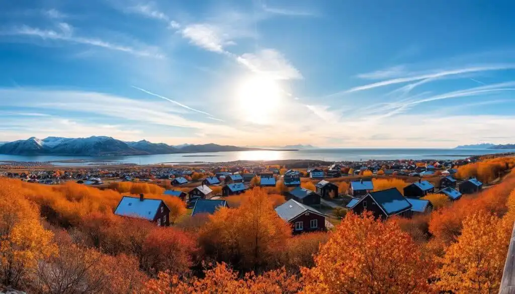 A panoramic view of Tromsø, Norway, showcasing its diverse climate throughout the year. In the foreground, vivid autumn foliage in shades of orange and gold contrasts against snow-capped mountains. The middle ground features traditional Norwegian wooden houses, some dusted with snow, blending harmoniously with blue skies and wispy clouds. In the background, the iconic Arctic Ocean glistens under the soft light of a setting sun, casting a warm glow over the scene. Capture this landscape with a wide-angle lens to emphasize depth, highlighting the transition from the warmth of summer to the cold of winter. The mood is serene and contemplative, inviting viewers to appreciate the unique beauty of Tromsø’s changing seasons.