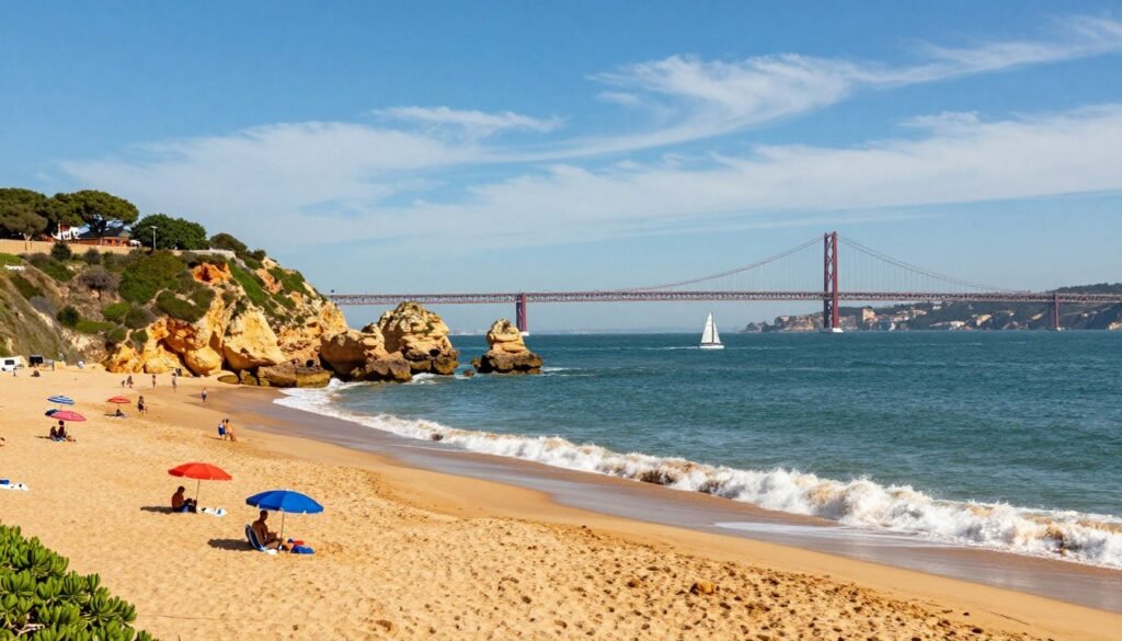 A picturesque coastal scene near Lisbon, showcasing golden sandy beaches lined with gentle waves. In the foreground, vibrant beach umbrellas provide shade to visitors enjoying the surf. The middle ground features rocky cliffs adorned with lush greenery, while a few sailboats drift peacefully on the azure waters. In the background, the iconic Ponte 25 de Abril bridge gracefully spans the horizon under a clear blue sky, with wispy clouds adding depth to the scene. The sunlight casts a warm golden glow, enhancing the serene and inviting atmosphere. This image captures the essence of Lisbon's coastal treasures, rich in natural beauty and tranquility. Focus on a wide-angle view, emphasizing the expansive landscape and vibrant colors.
