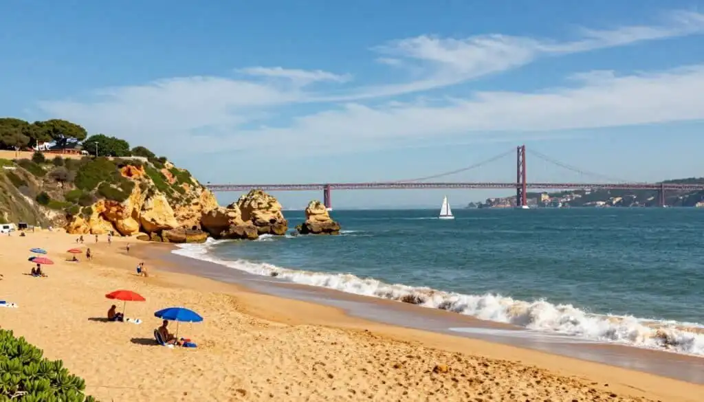 A picturesque coastal scene near Lisbon, showcasing golden sandy beaches lined with gentle waves. In the foreground, vibrant beach umbrellas provide shade to visitors enjoying the surf. The middle ground features rocky cliffs adorned with lush greenery, while a few sailboats drift peacefully on the azure waters. In the background, the iconic Ponte 25 de Abril bridge gracefully spans the horizon under a clear blue sky, with wispy clouds adding depth to the scene. The sunlight casts a warm golden glow, enhancing the serene and inviting atmosphere. This image captures the essence of Lisbon's coastal treasures, rich in natural beauty and tranquility. Focus on a wide-angle view, emphasizing the expansive landscape and vibrant colors. A picturesque coastal scene near Lisbon, showcasing golden sandy beaches lined with gentle waves. In the foreground, vibrant beach umbrellas provide shade to visitors enjoying the surf. The middle ground features rocky cliffs adorned with lush greenery, while a few sailboats drift peacefully on the azure waters. In the background, the iconic Ponte 25 de Abril bridge gracefully spans the horizon under a clear blue sky, with wispy clouds adding depth to the scene. The sunlight casts a warm golden glow, enhancing the serene and inviting atmosphere. This image captures the essence of Lisbon's coastal treasures, rich in natural beauty and tranquility. Focus on a wide-angle view, emphasizing the expansive landscape and vibrant colors.