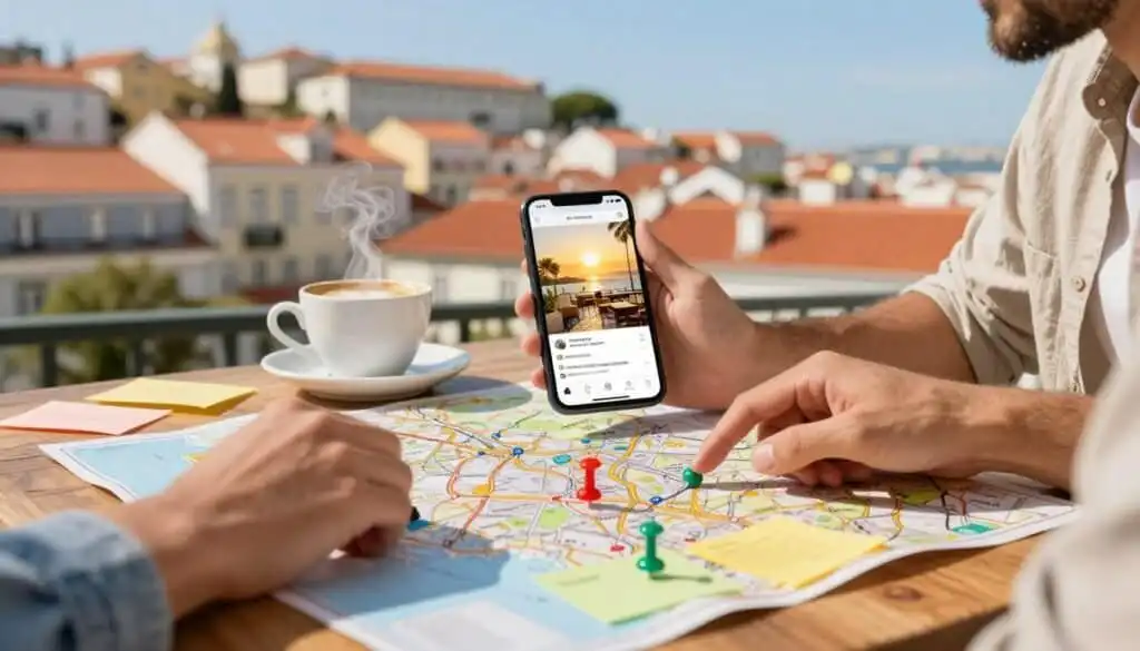 A picturesque scene of day trip planning with a vibrant map of Lisbon spread across a wooden table in the foreground, adorned with colorful pins and notes. A pair of hands, wearing casual attire, thoughtfully interacting with the materials. In the middle ground, a smartphone displays travel apps with a sunny café ambiance, featuring a steaming coffee cup. The background showcases a blurred view of iconic Lisbon architecture, with pastel-hued buildings and terracotta rooftops under a clear blue sky. The lighting is warm and inviting, reminiscent of a pleasant afternoon. The overall atmosphere is one of excitement and anticipation, capturing the essence of planning perfect day trips from Lisbon's surrounds. A picturesque scene of day trip planning with a vibrant map of Lisbon spread across a wooden table in the foreground, adorned with colorful pins and notes. A pair of hands, wearing casual attire, thoughtfully interacting with the materials. In the middle ground, a smartphone displays travel apps with a sunny café ambiance, featuring a steaming coffee cup. The background showcases a blurred view of iconic Lisbon architecture, with pastel-hued buildings and terracotta rooftops under a clear blue sky. The lighting is warm and inviting, reminiscent of a pleasant afternoon. The overall atmosphere is one of excitement and anticipation, capturing the essence of planning perfect day trips from Lisbon's surrounds.