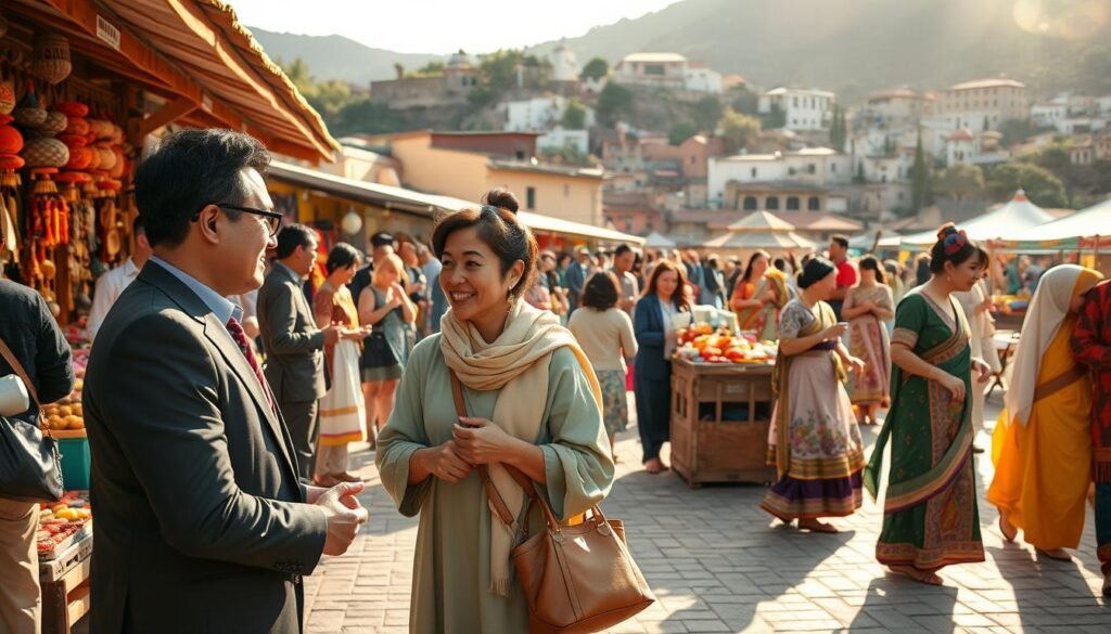A serene cultural gathering in a vibrant marketplace, showcasing a diverse group of travelers respectfully engaging with local artisans. In the foreground, a man in professional business attire and a woman in modest casual clothing exchange pleasantries while admiring handcrafted goods. In the middle, colorful stalls filled with traditional crafts and local foods create an inviting atmosphere, while local performers demonstrate dances in traditional attire. The background features a picturesque landscape with historical buildings and greenery, bathed in soft golden sunlight that casts gentle shadows, enhancing warmth and hospitality. The image conveys a sense of discovery, respect, and connection, highlighting the importance of cultural etiquette. Aim for a wide-angle lens perspective to capture the lively interaction and cultural vibrancy. A serene cultural gathering in a vibrant marketplace, showcasing a diverse group of travelers respectfully engaging with local artisans. In the foreground, a man in professional business attire and a woman in modest casual clothing exchange pleasantries while admiring handcrafted goods. In the middle, colorful stalls filled with traditional crafts and local foods create an inviting atmosphere, while local performers demonstrate dances in traditional attire. The background features a picturesque landscape with historical buildings and greenery, bathed in soft golden sunlight that casts gentle shadows, enhancing warmth and hospitality. The image conveys a sense of discovery, respect, and connection, highlighting the importance of cultural etiquette. Aim for a wide-angle lens perspective to capture the lively interaction and cultural vibrancy.