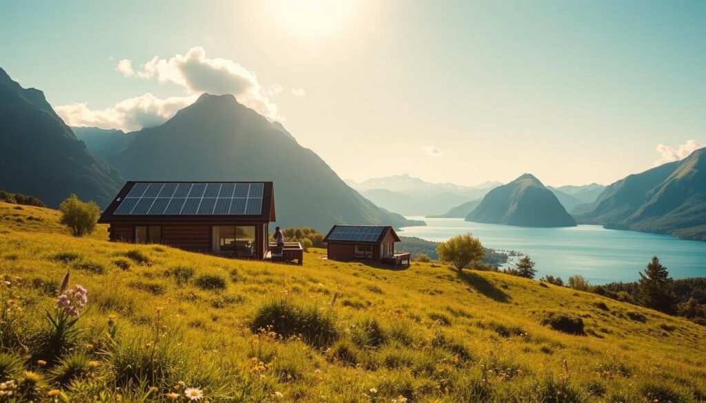 A serene landscape showcasing a sustainable accommodation nestled among Norway's stunning fjords. In the foreground, gently sloping green meadows with wildflowers lead to a cozy wooden eco-lodge with large windows, reflecting the natural surroundings. In the middle ground, the lodge features solar panels on the roof and a small vegetable garden, emphasizing self-sufficiency. The background is filled with majestic, towering mountains and a crystalline blue lake, under a bright, clear sky with soft clouds. The lighting is warm and inviting, suggesting a late afternoon glow. The atmosphere is tranquil and harmonious, encapsulating the essence of eco-friendly travel.