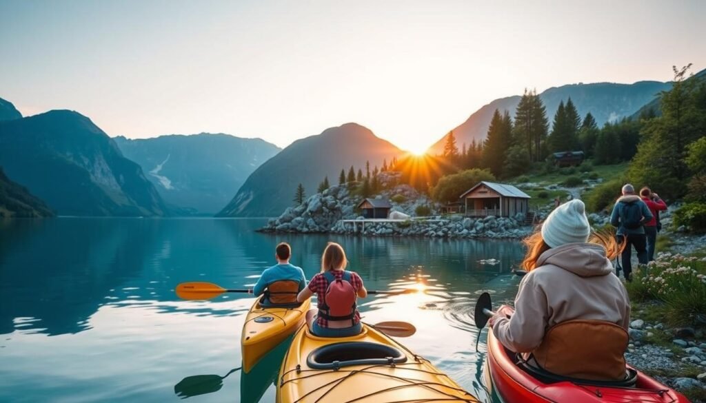 A serene scene depicting sustainable outdoor activities in Norway, showcasing a diverse group of people engaging in eco-friendly experiences. In the foreground, individuals dressed in modest active wear are enjoying a guided kayak tour on a clear blue fjord, with lush green mountains rising majestically in the background. In the middle, others can be seen hiking along a rocky trail lined with wildflowers, while a Nordic wooden cabin can be glimpsed nestled among the trees, emphasizing eco-conscious living. The background features a breathtaking sunset, casting warm golden hues over the landscape, creating a tranquil and inspiring atmosphere. The overall mood is one of harmony with nature, emphasizing the beauty of sustainable travel. The image should be shot with a wide-angle lens to encapsulate the stunning scenery, capturing soft, natural lighting.