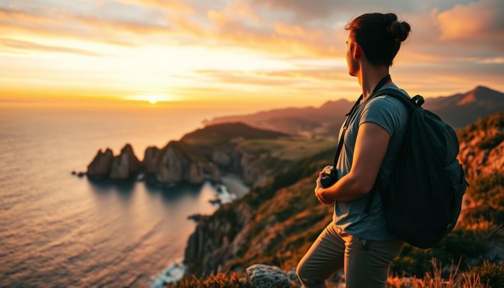 A serene solo traveler standing on a cliff edge, gazing over a breathtaking coastal landscape at sunset. In the foreground, a well-equipped backpack rests beside them, and a camera hangs from their neck, symbolizing adventure. The middle ground features jagged rocks and a vibrant ocean reflecting the warm hues of the setting sun. In the background, rolling hills fade into a tranquil sky painted with shades of orange, pink, and purple. The lighting is soft and golden, creating a warm, inviting atmosphere that evokes a sense of exploration and solitude. The composition captures the essence of freedom and introspection, with no distracting elements or people nearby, emphasizing the beauty of solo travel in nature. A serene solo traveler standing on a cliff edge, gazing over a breathtaking coastal landscape at sunset. In the foreground, a well-equipped backpack rests beside them, and a camera hangs from their neck, symbolizing adventure. The middle ground features jagged rocks and a vibrant ocean reflecting the warm hues of the setting sun. In the background, rolling hills fade into a tranquil sky painted with shades of orange, pink, and purple. The lighting is soft and golden, creating a warm, inviting atmosphere that evokes a sense of exploration and solitude. The composition captures the essence of freedom and introspection, with no distracting elements or people nearby, emphasizing the beauty of solo travel in nature.