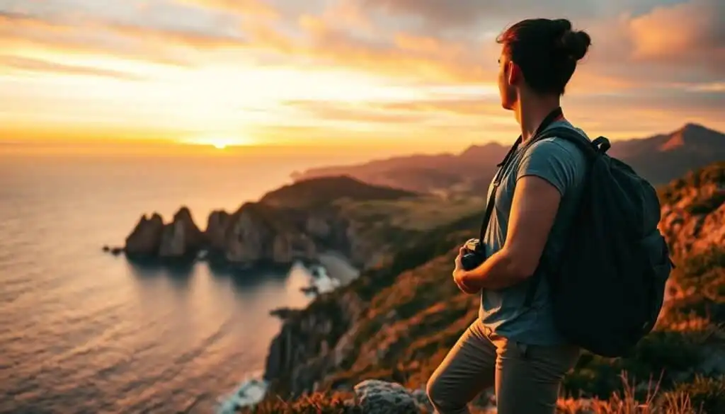 Woman hiking at sunset along rugged coastline with backpack.