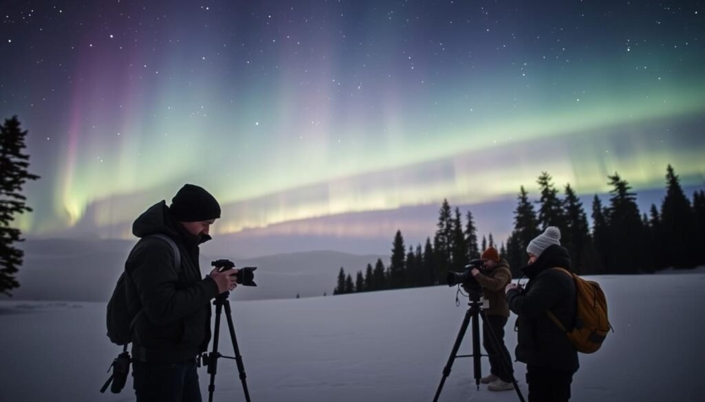 A tranquil winter landscape under a starry sky, showcasing a group of photographers, dressed in warm, modest outdoor clothing, capturing the vibrant northern lights. In the foreground, a well-equipped photographer adjusts his camera on a tripod, while another looks through the viewfinder. The middle ground features rolling snow-covered hills, with glowing auroras in shades of green and purple illuminating the night sky. In the background, tall, dark pine trees frame the scene, their silhouettes contrasting against the luminous display overhead. The atmosphere is serene and magical, enhanced by the soft glow of the auroras reflecting off the snow. The lighting is soft and diffuse, emphasizing the colors of the aurora and creating a peaceful yet exhilarating mood. A tranquil winter landscape under a starry sky, showcasing a group of photographers, dressed in warm, modest outdoor clothing, capturing the vibrant northern lights. In the foreground, a well-equipped photographer adjusts his camera on a tripod, while another looks through the viewfinder. The middle ground features rolling snow-covered hills, with glowing auroras in shades of green and purple illuminating the night sky. In the background, tall, dark pine trees frame the scene, their silhouettes contrasting against the luminous display overhead. The atmosphere is serene and magical, enhanced by the soft glow of the auroras reflecting off the snow. The lighting is soft and diffuse, emphasizing the colors of the aurora and creating a peaceful yet exhilarating mood.