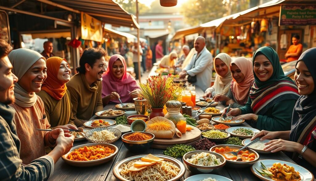 A vibrant culinary journey scene that captures the essence of tasting the world. In the foreground, a diverse group of people from various cultures, dressed in colorful, modest attire, are joyfully sharing dishes from global cuisines, such as sushi, pasta, tacos, and curries. In the middle, a beautifully arranged rustic wooden table filled with an array of colorful spices, fresh ingredients, and traditional dishes. The background showcases a bustling outdoor market with vendors selling fresh produce and street food, bathed in warm golden hour sunlight. The atmosphere is lively and inviting, evoking a sense of adventure and exploration. The composition emphasizes rich colors, textures, and a sense of community, with soft, natural lighting to enhance the warmth of the scene. A vibrant culinary journey scene that captures the essence of tasting the world. In the foreground, a diverse group of people from various cultures, dressed in colorful, modest attire, are joyfully sharing dishes from global cuisines, such as sushi, pasta, tacos, and curries. In the middle, a beautifully arranged rustic wooden table filled with an array of colorful spices, fresh ingredients, and traditional dishes. The background showcases a bustling outdoor market with vendors selling fresh produce and street food, bathed in warm golden hour sunlight. The atmosphere is lively and inviting, evoking a sense of adventure and exploration. The composition emphasizes rich colors, textures, and a sense of community, with soft, natural lighting to enhance the warmth of the scene.