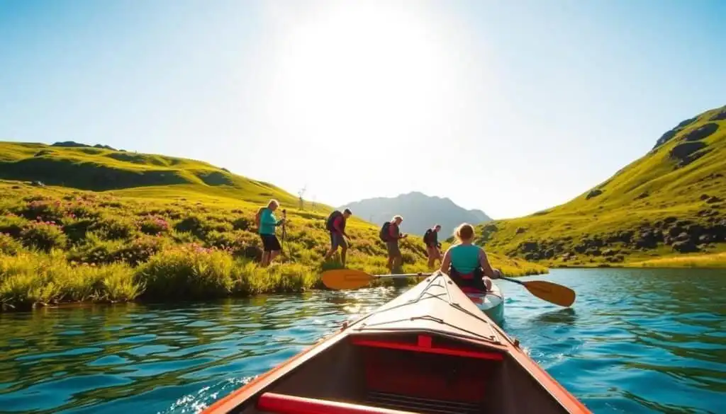 A vibrant summer scene in Tromsø, Norway, showcasing a group of individuals dressed in casual outdoor attire engaging in exciting activities like kayaking and hiking along lush green hills. In the foreground, capture a canoe gliding across shimmering blue waters, reflecting the clear skies above. In the middle ground, depict adventurous hikers traversing scenic trails adorned with colorful wildflowers, with mountains rising majestically in the background. The sun is shining brilliantly, casting a warm golden light on the landscape, creating a lively and inviting atmosphere. Use a wide-angle lens to encompass the expansive beauty of the outdoors, highlighting the exhilarating essence of unique summer adventures in Tromsø. The overall mood should be joyful and adventurous, embodying the thrill of exploring nature's wonders.