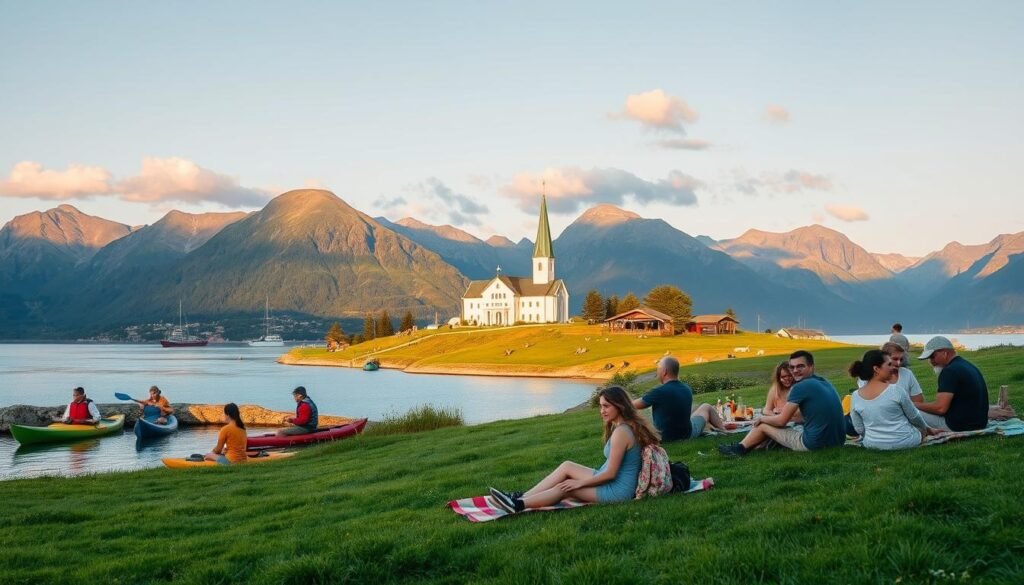 A vibrant summer scene in Tromsø, Norway, showcasing outdoor activities in the lush green landscape. In the foreground, a group of diverse individuals, dressed in modest casual clothing, is enjoying kayaking on a serene fjord, surrounded by breathtaking mountains. In the middle ground, families are picnicking on a grassy hill, with colorful picnic blankets and local delicacies spread out. A scenic view of the iconic Arctic Cathedral is visible in the background, basking in the soft, golden light of the evening sun, casting long shadows. The sky is clear with a few fluffy clouds, enhancing the serene atmosphere. Use a wide-angle lens to capture the depth of the landscape, emphasizing the beauty of Tromsø's summer nature.