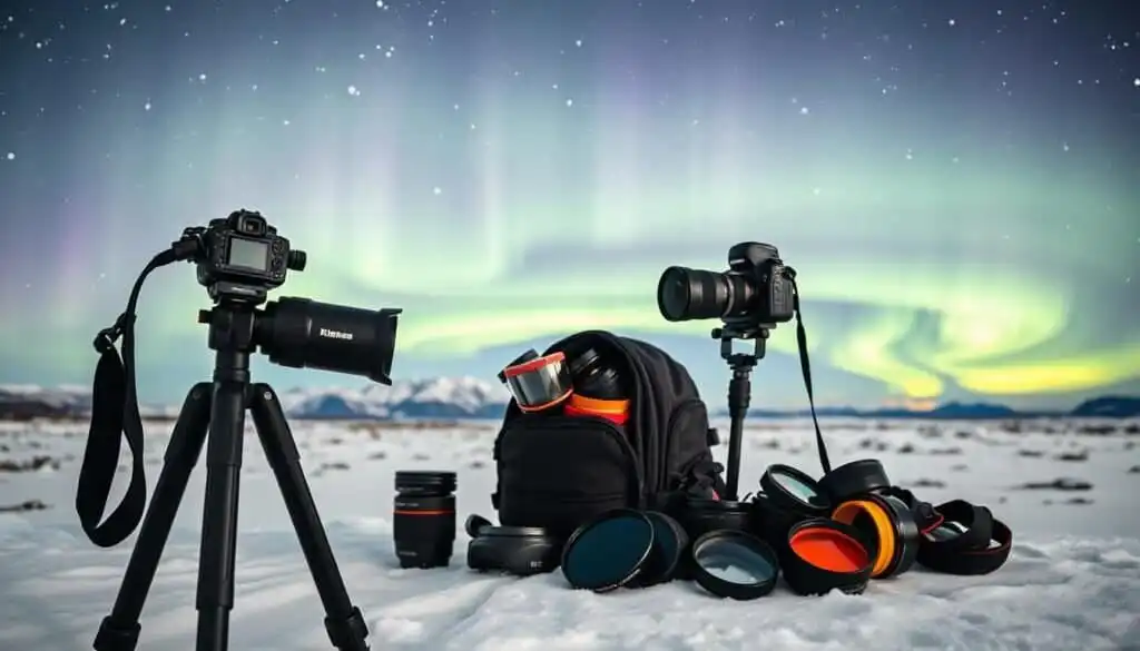 Aurora borealis photography gear on snow with camera, tripod, and lenses.
