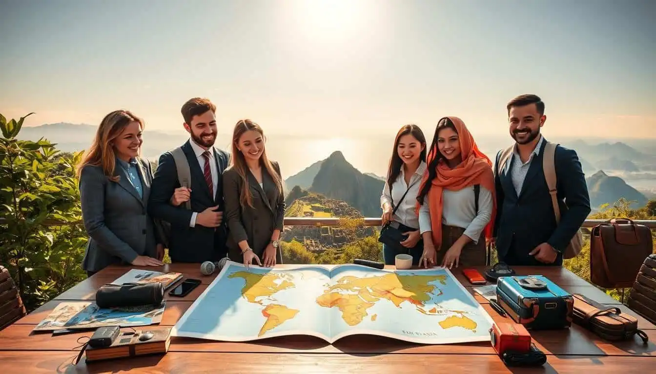 Group of travelers planning a trip with world map outdoors.