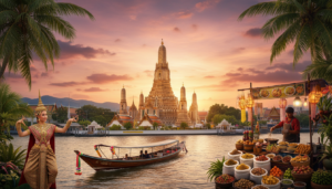 A majestic golden Thai temple by a river at sunset, looking absolutely stunning. A traditional long-tail boat gracefully gliding on the water. A Thai classical dancer in an elegant pose, with all the intricate details of her costume. A bustling street food scene, complete with steam, spices, and glowing lanterns. Lush tropical foliage and distant mountains to complete the picturesque view.