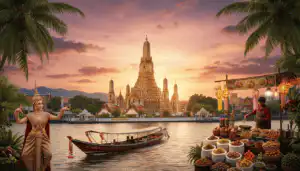 Beautiful sunset over a Thai temple with cultural performers and market stalls.
