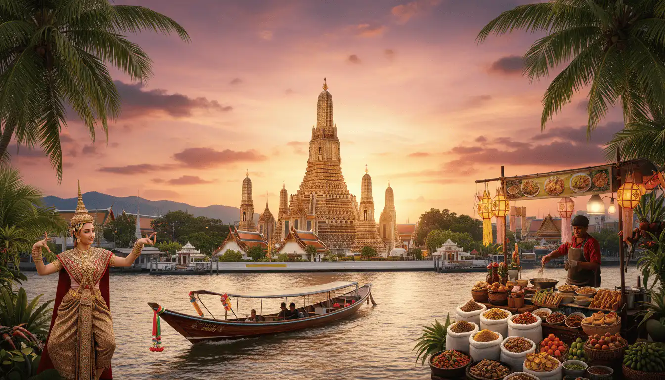 Beautiful sunset over a Thai temple with cultural performers and market stalls.