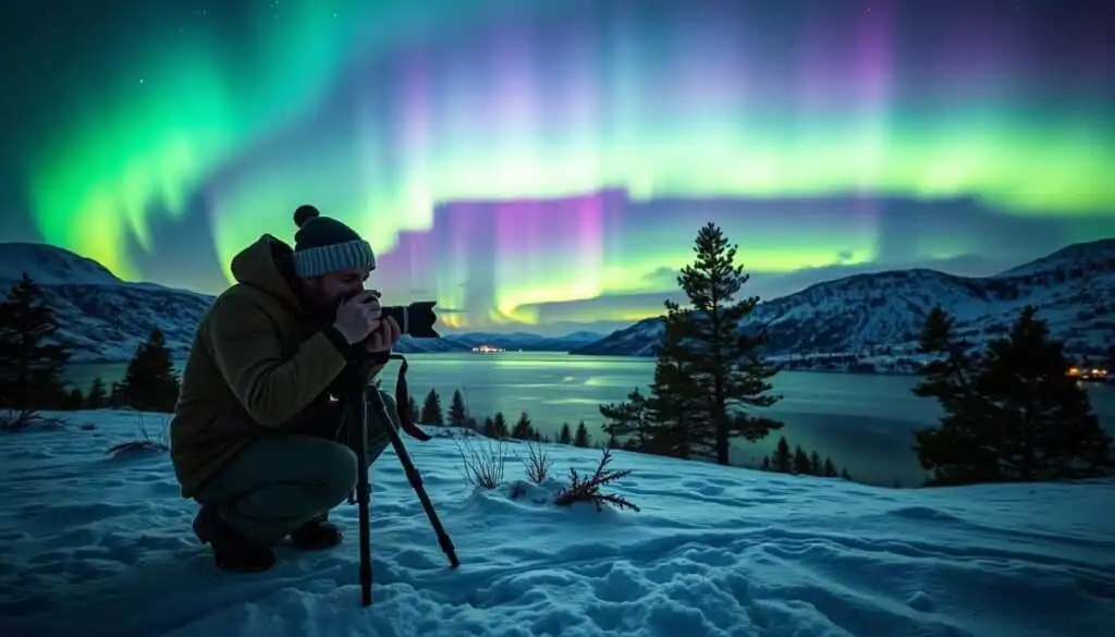 In the foreground, a professional photographer in cozy, modest winter clothing is kneeling behind a camera, carefully adjusting settings on a tripod. The middle layer features a breathtaking display of the northern lights – vivid greens and purples swirling across the sky, illuminating the night. In the background, a rugged snowy landscape dotted with pine trees creates a serene scene, with subtle reflections of the aurora on a nearby frozen lake. The atmosphere is tranquil and inspiring, highlighting the beauty of the moment. Soft light from the aurora casts gentle shadows and adds depth. Use a wide-angle lens perspective to capture the expansive sky and ensure the scene feels immersive and inviting, perfect for illustrating expert tips for capturing this magical phenomenon.