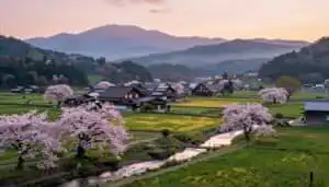 Beautiful rural landscape of Kyoto with cherry blossom trees and traditional houses. Serene scenery.