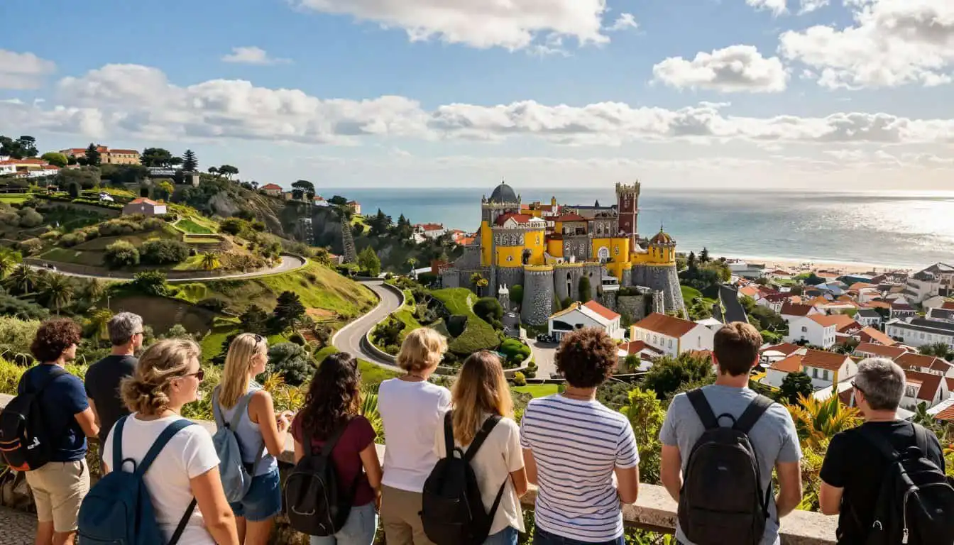 Exploring Lisbon's scenic outskirts with a group of travellers overlooking the city and coastline.
