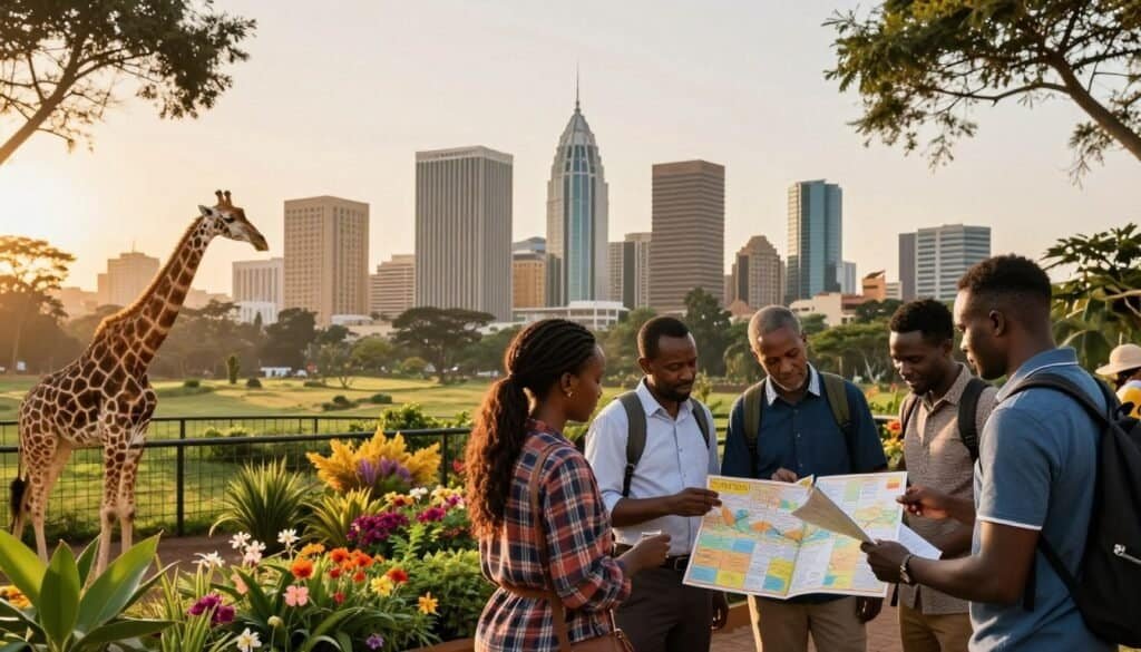Tourists viewing Nairobi skyline and cityscape with greenery and tall buildings.