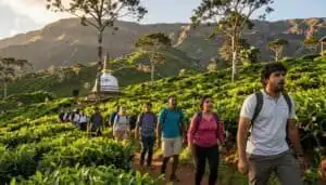 Group of travelers walking through lush tea plantations in Sri Lanka.