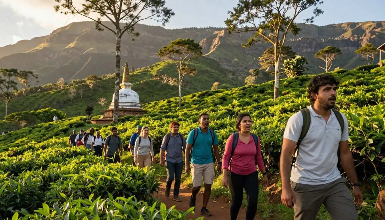 Group of travelers walking through lush tea plantations in Sri Lanka.