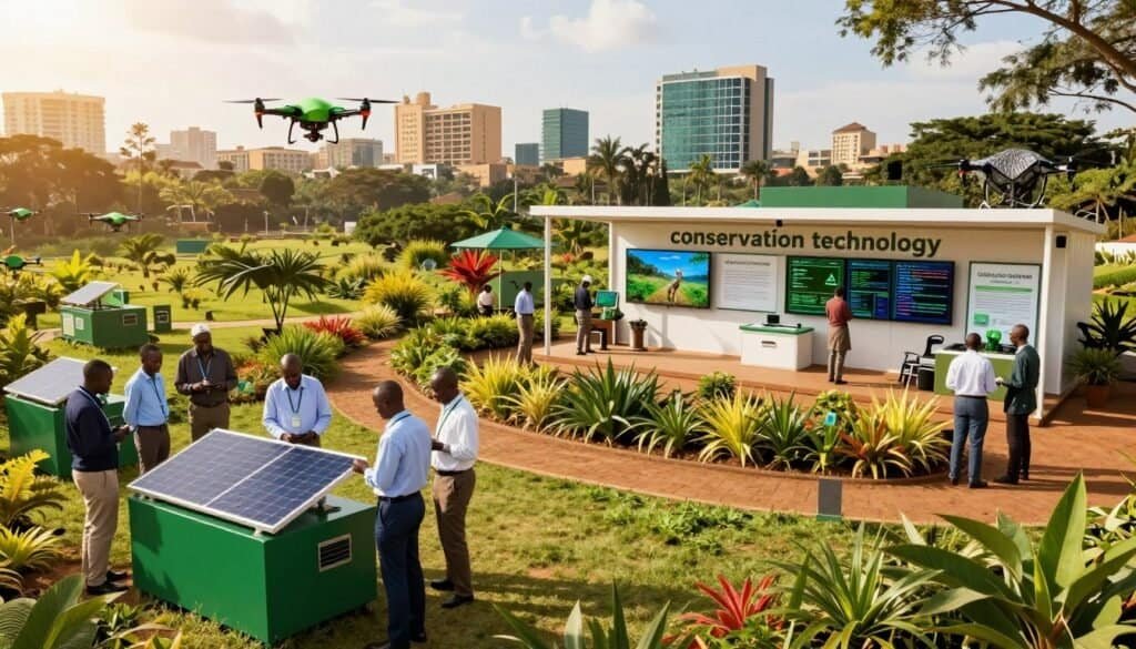 People viewing conservation technology displays in Nairobi's urban park.