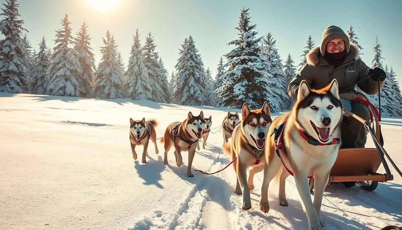Group of huskies pulling a sled through snowy landscape with a smiling musher.