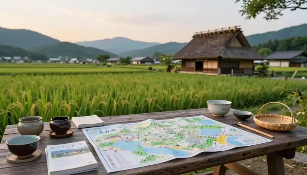 Scenic view of rice paddies and traditional houses in Kyoto's countryside, perfect for exploring Jap.