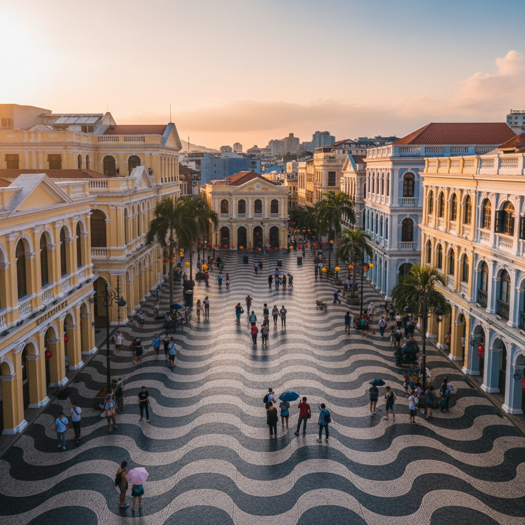 A vibrant, high-angle professional photo capturing the iconic Senado Square in Macao. The mosaic-patterned ground should be prominent, leading the eye towards the pastel-colored neoclassical buildings that line the square. There should be a subtle mix of tourists and locals enjoying the atmosphere, showcasing the blend of cultures. The lighting should be golden hour, enhancing the architectural details and the warm, inviting ambiance.