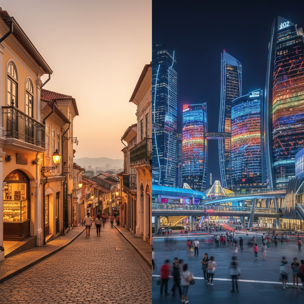 A split-image concept showing the stark contrast between Macao's old and new. On one side, a charming, narrow cobblestone street in Macao's Historic Centre, with traditional Portuguese-style buildings and a hint of a bakery. On the other side, a dazzling, futuristic shot of the Cotai Strip at night, with brilliantly lit modern skyscrapers and a sense of bustling energy. The two halves should be visually distinct yet subtly connected, perhaps by a shared horizon line. Style: Professional photography with clear visual separation.