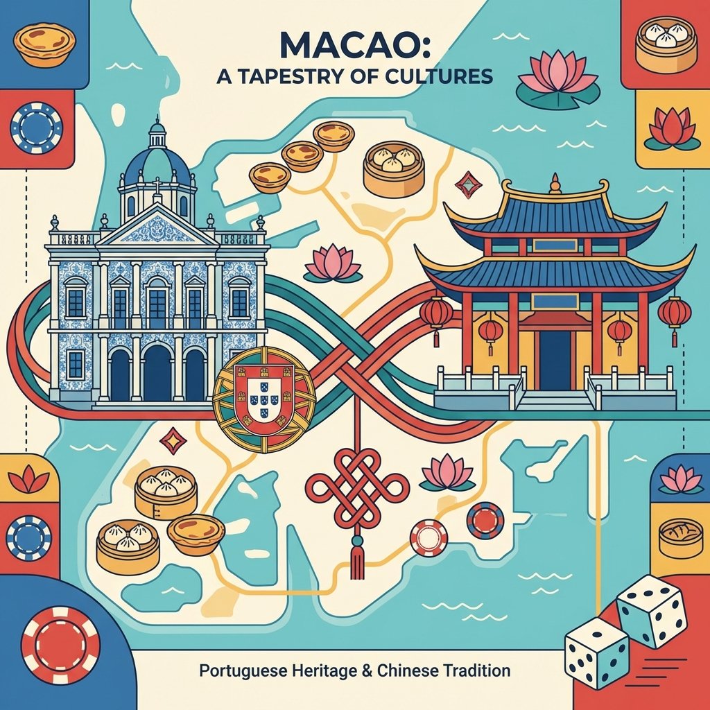 An artistic flat illustration depicting a map or infographic of Macao, highlighting the coexistence of Portuguese and Chinese cultures. Key elements should include a stylized representation of a Portuguese colonial building alongside a traditional Chinese temple, intertwined with symbols like a Portuguese escudo and a Chinese knot. Woven throughout could be abstract representations of food (Pastéis de Nata, dim sum) and gaming chips, symbolizing its diverse offerings. Clean lines and a harmonious color palette.